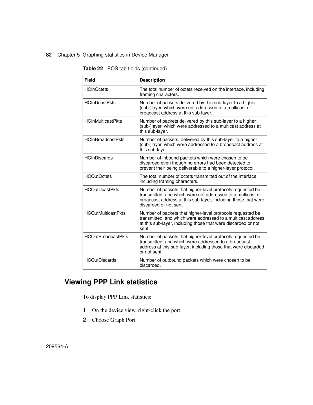 Nortel Networks 8683POS manual Viewing PPP Link statistics, Graphing statistics in Device Manager POS tab fields 