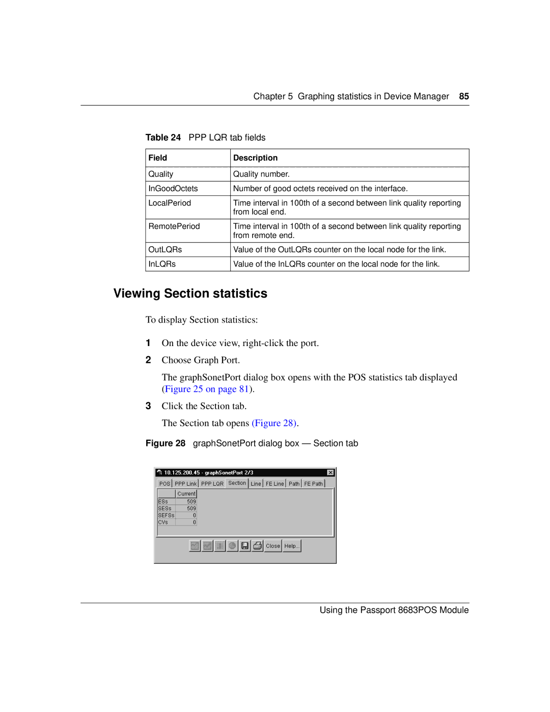 Nortel Networks 8683POS manual Viewing Section statistics, PPP LQR tab fields 