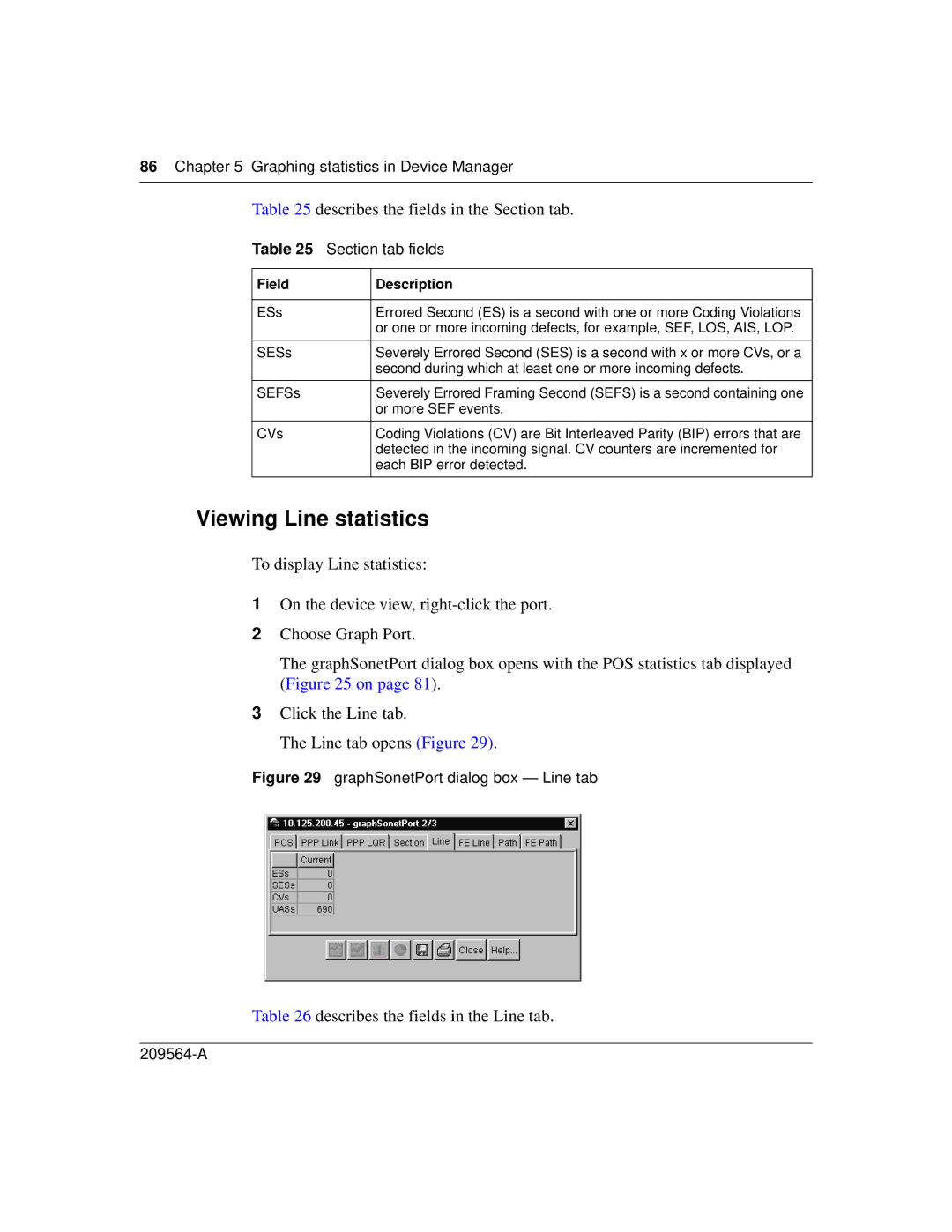 Nortel Networks 8683POS manual Viewing Line statistics, Describes the fields in the Section tab, Section tab fields 