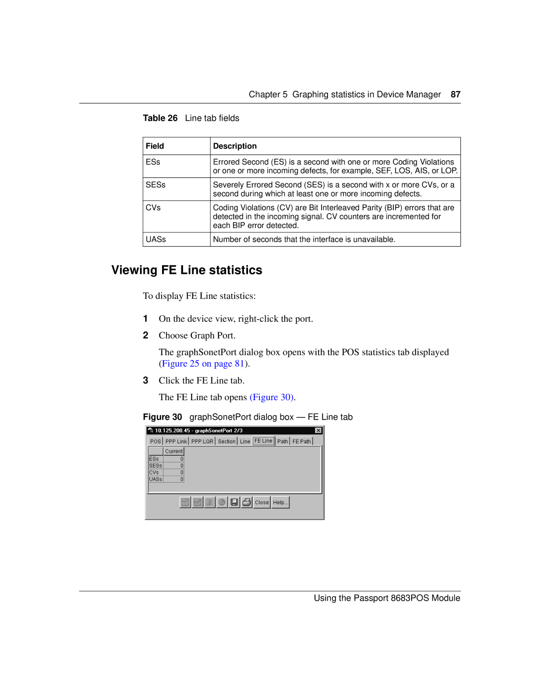 Nortel Networks 8683POS manual Viewing FE Line statistics, Graphing statistics in Device Manager Line tab fields 