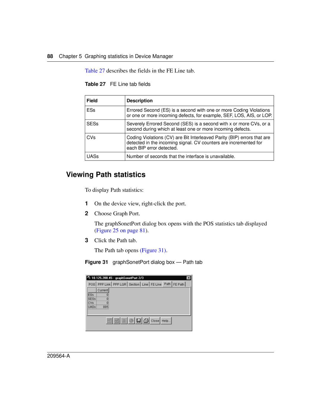 Nortel Networks 8683POS manual Viewing Path statistics, Describes the fields in the FE Line tab, FE Line tab fields 