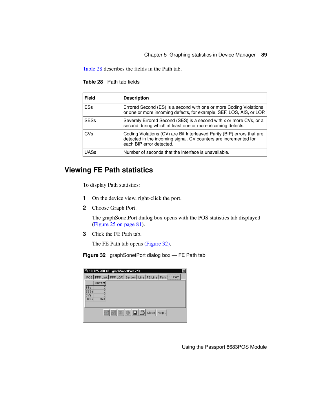 Nortel Networks 8683POS manual Viewing FE Path statistics, Describes the fields in the Path tab, Path tab fields 