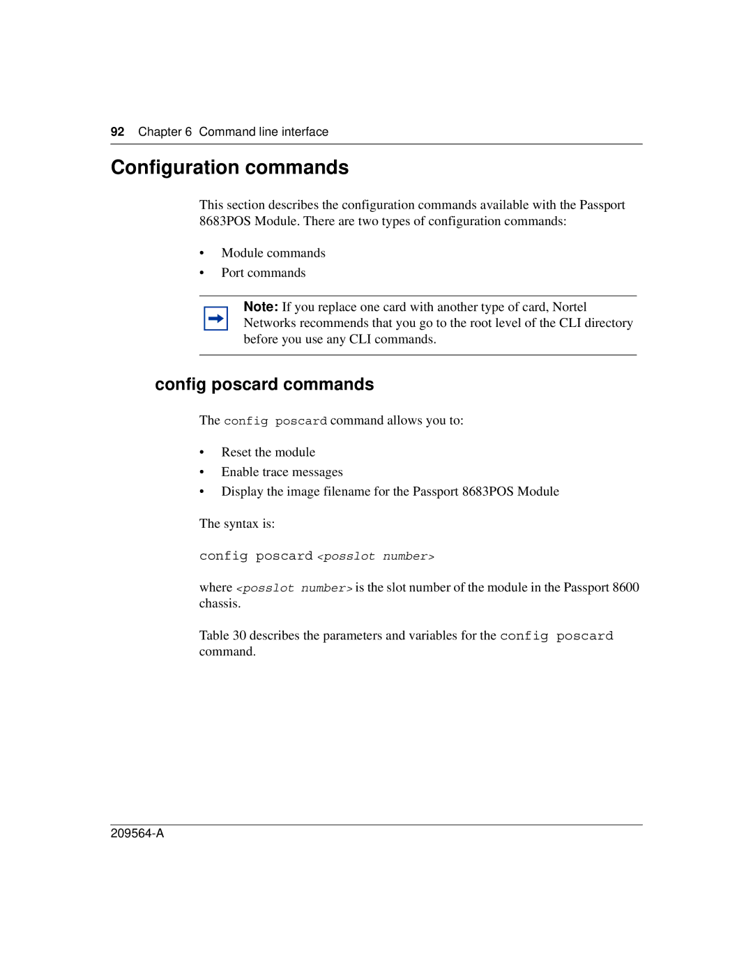 Nortel Networks 8683POS manual Configuration commands, Config poscard commands, Command line interface 