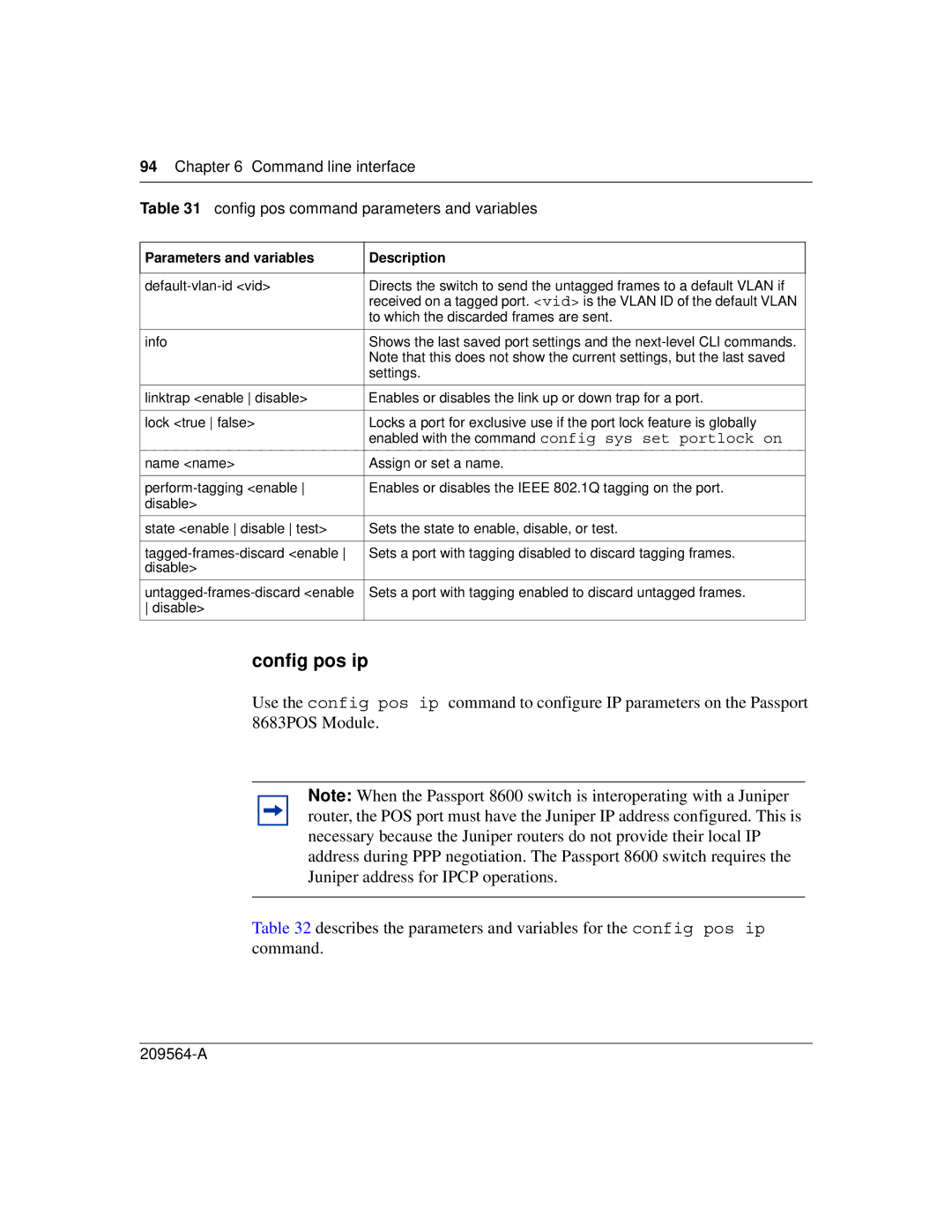 Nortel Networks 8683POS manual Config pos ip, Enabled with the command config sys set portlock on 