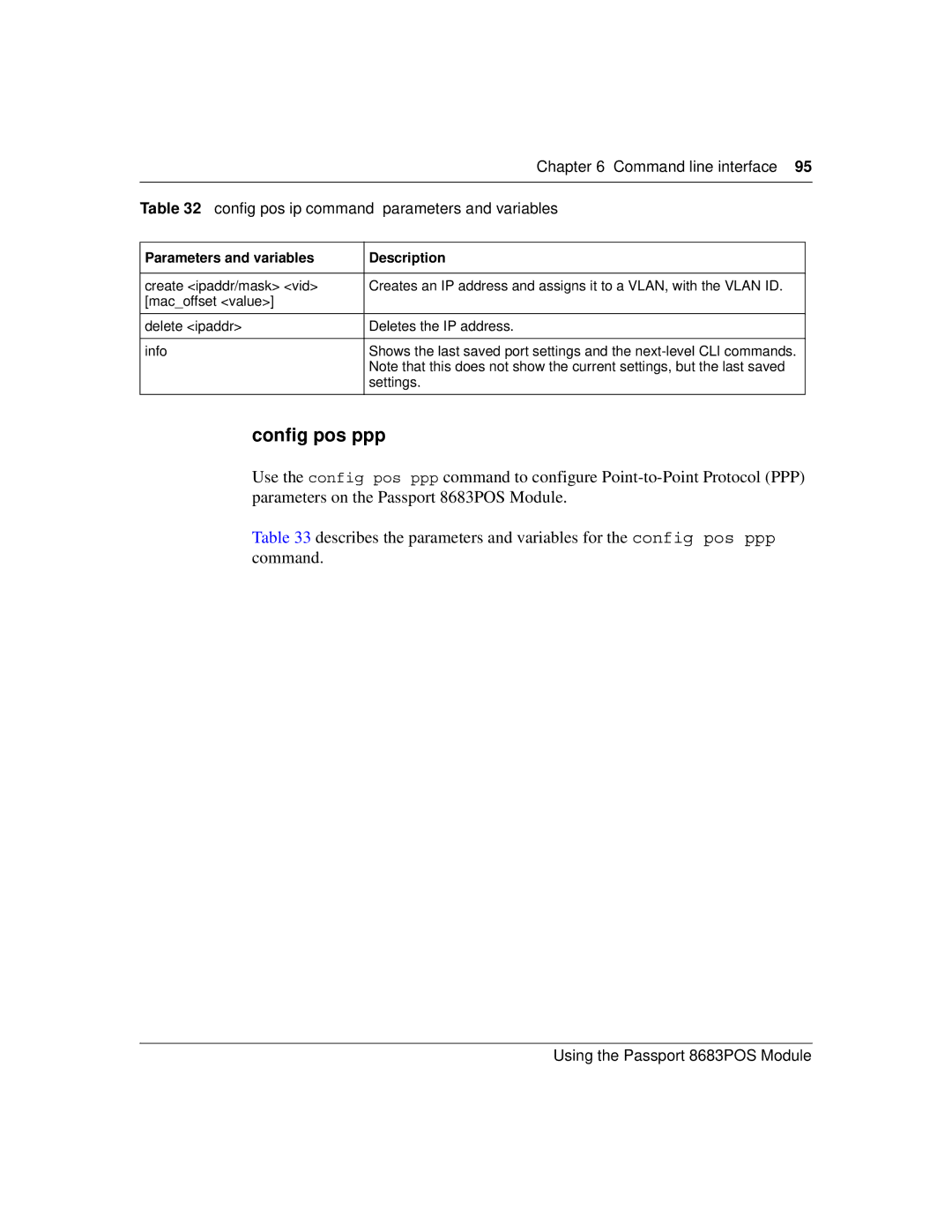 Nortel Networks 8683POS manual Config pos ppp, Config pos ip command parameters and variables 