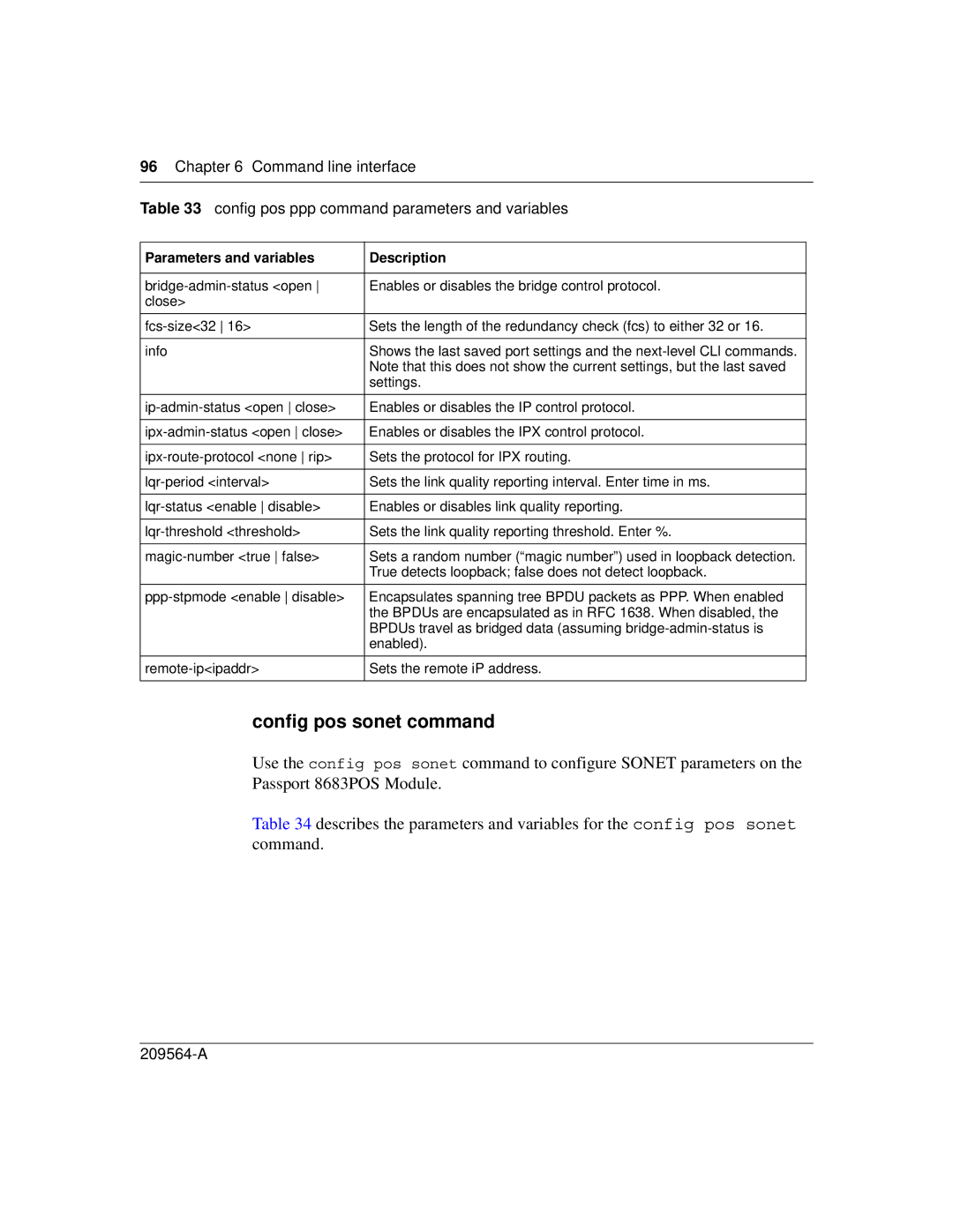 Nortel Networks 8683POS manual Config pos sonet command 