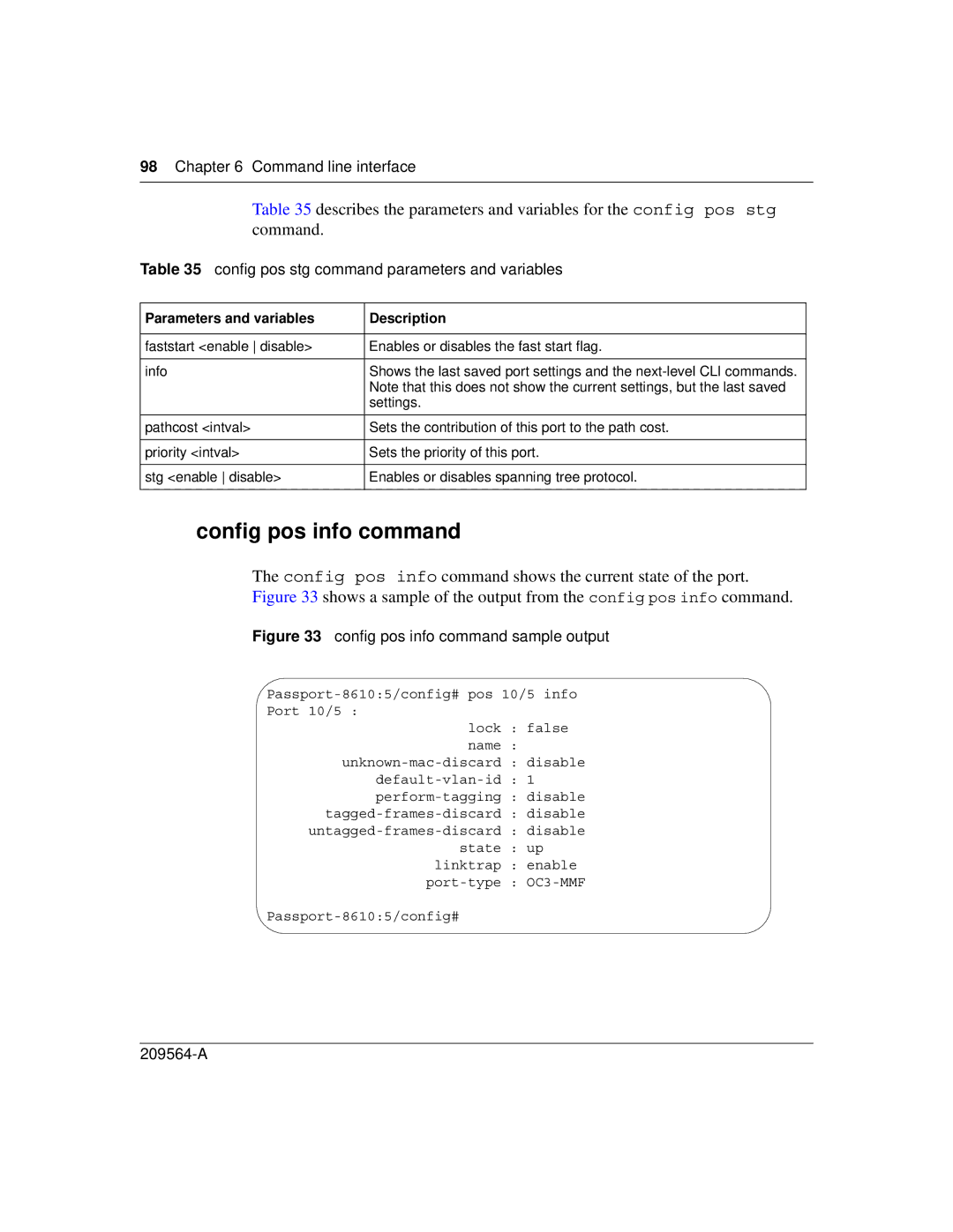 Nortel Networks 8683POS manual Config pos info command, Config pos stg command parameters and variables 