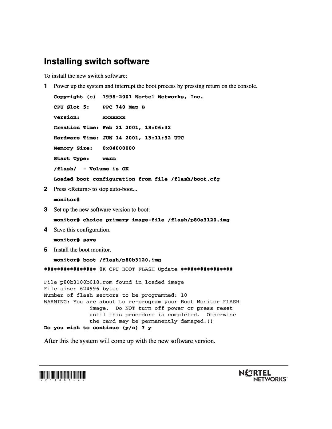 Nortel Networks 8691SF manual Installing switch software, After this the system will come up with the new software version 