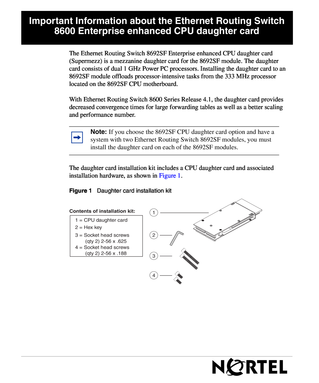 Nortel Networks 8692SF manual Important Information about the Ethernet Routing Switch, Daughter card installation kit 