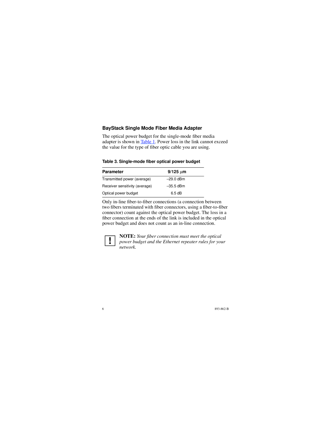 Nortel Networks 893-862-B BayStack Single Mode Fiber Media Adapter, Single-mode ﬁber optical power budget Parameter 125 ∝m 