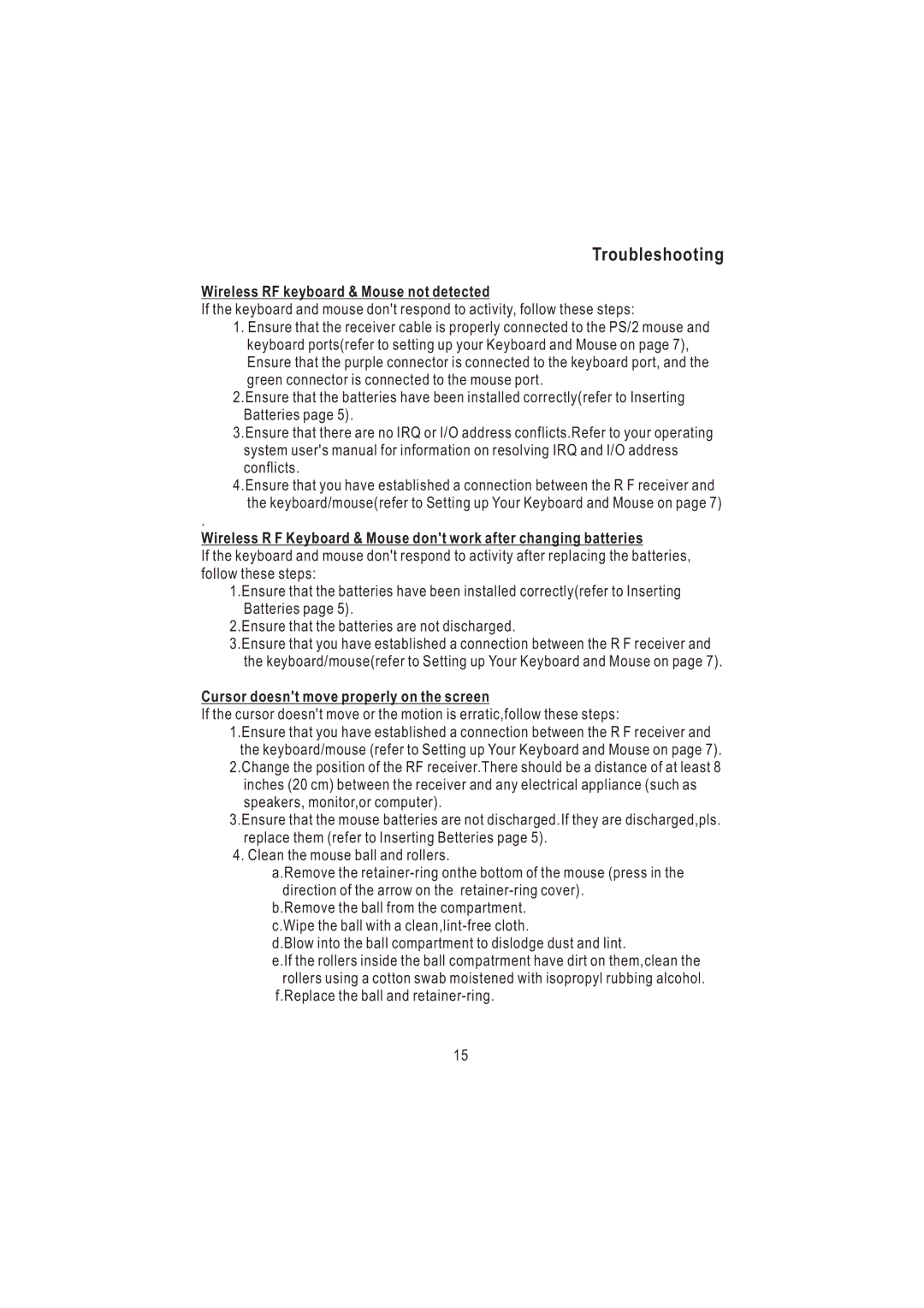 Nortel Networks AKM9600/8 manual Troubleshooting, Wireless RF keyboard & Mouse not detected 