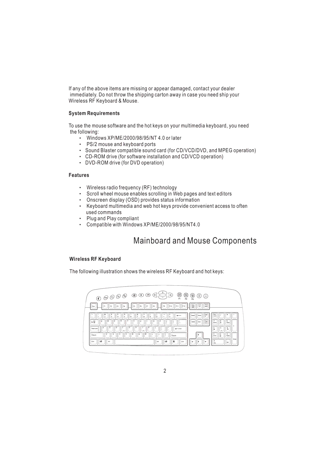 Nortel Networks AKM9600/8 manual Mainboard and Mouse Components, System Requirements, Features, Wireless RF Keyboard 