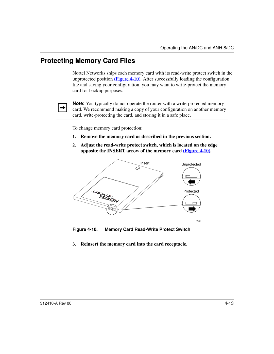 Nortel Networks AN/DC manual Protecting Memory Card Files, Memory Card Read-Write Protect Switch 