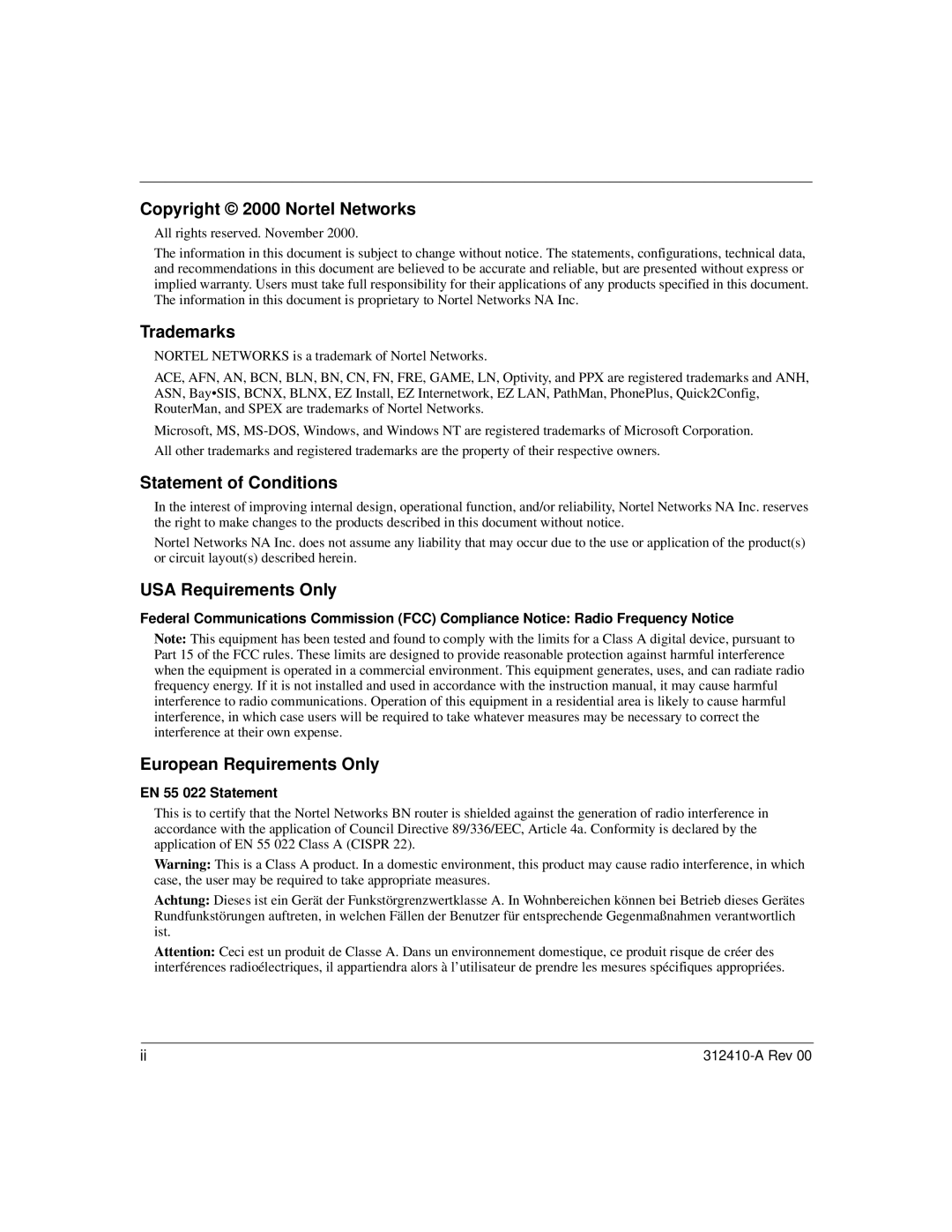 Nortel Networks AN/DC manual Copyright 2000 Nortel Networks, Trademarks, Statement of Conditions, USA Requirements Only 