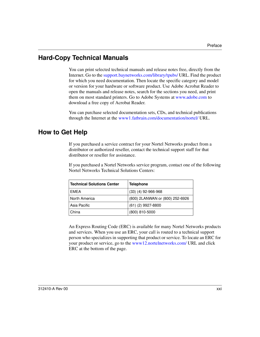 Nortel Networks AN/DC manual Hard-Copy Technical Manuals How to Get Help, Technical Solutions Center Telephone 