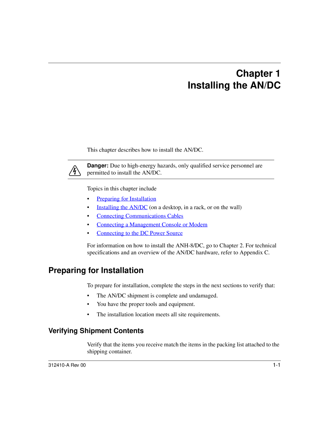 Nortel Networks manual Chapter Installing the AN/DC, Preparing for Installation, Verifying Shipment Contents 