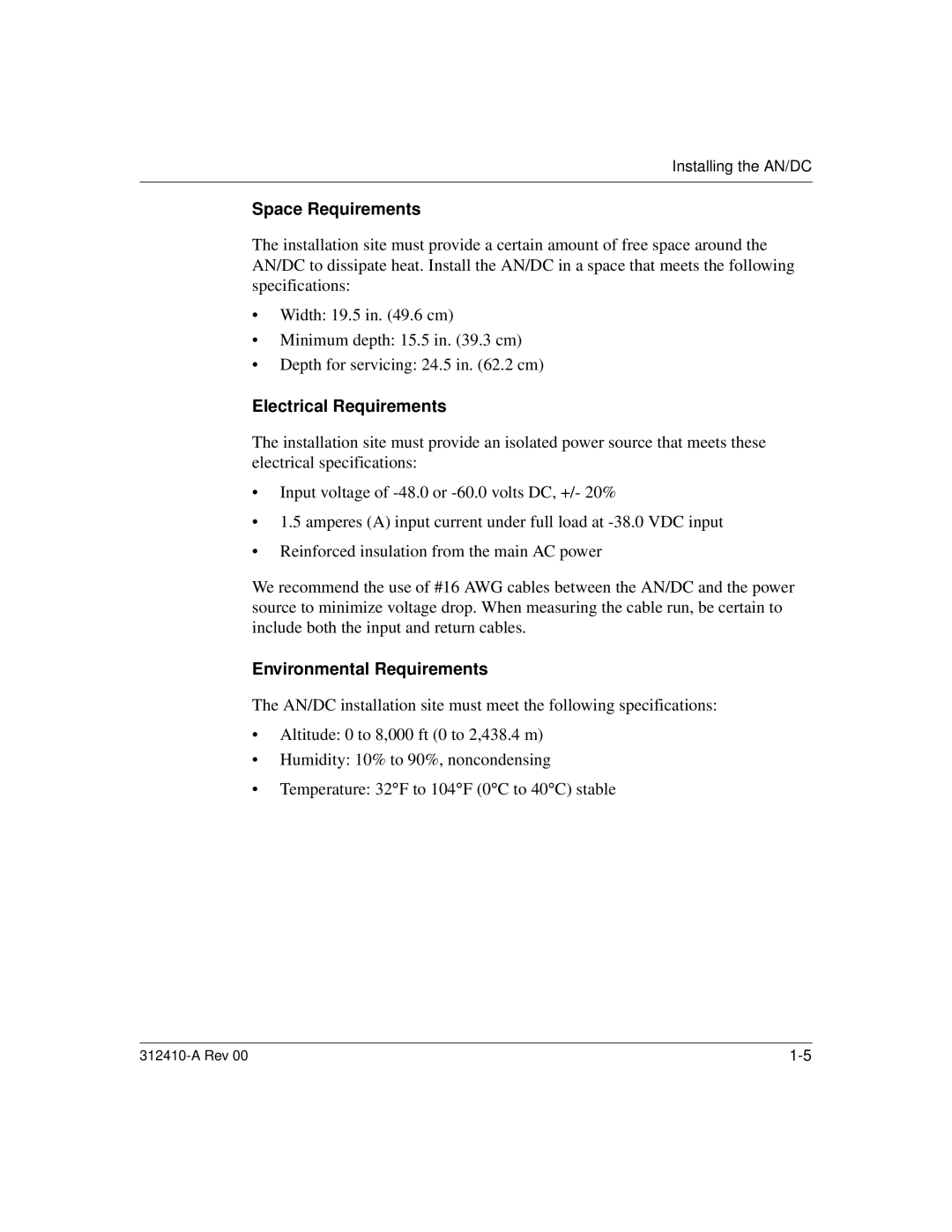 Nortel Networks AN/DC manual Space Requirements, Electrical Requirements, Environmental Requirements 