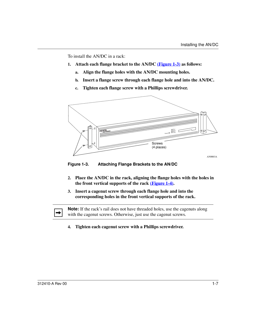 Nortel Networks AN/DC manual Tighten each cagenut screw with a Phillips screwdriver 