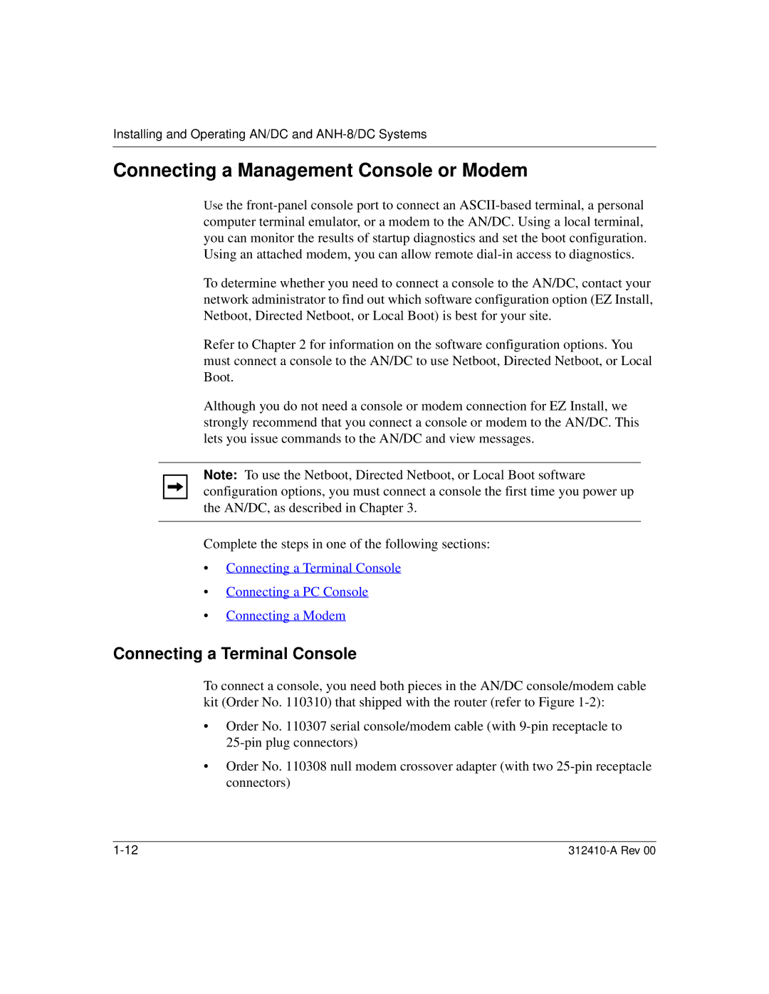 Nortel Networks AN/DC manual Connecting a Management Console or Modem, Connecting a Terminal Console 