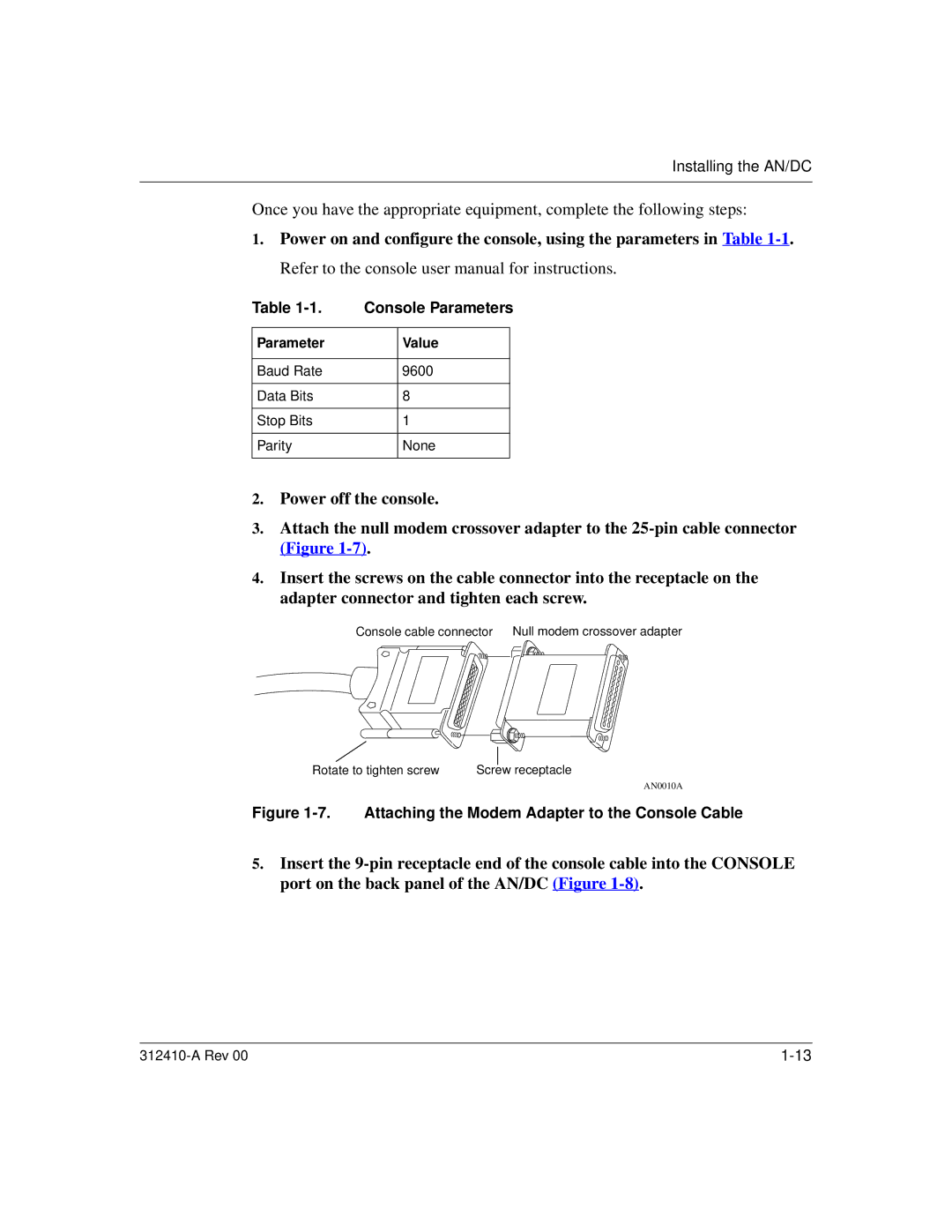 Nortel Networks AN/DC manual Console Parameters, Parameter Value 