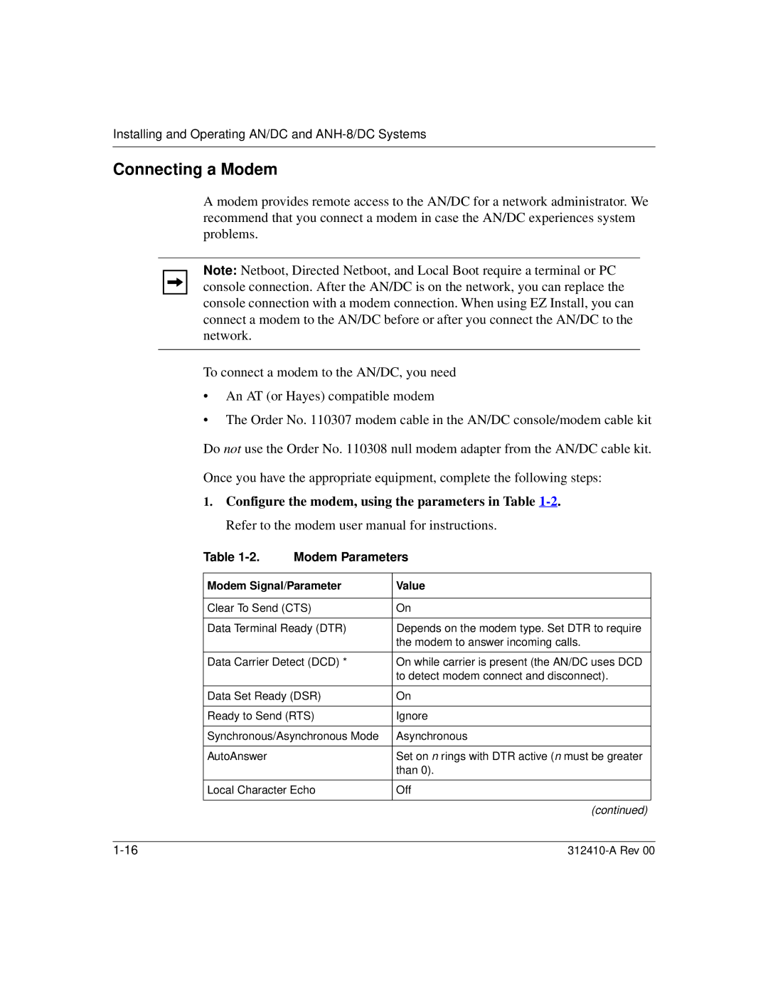 Nortel Networks AN/DC manual Connecting a Modem, Modem Parameters, Modem Signal/Parameter Value 