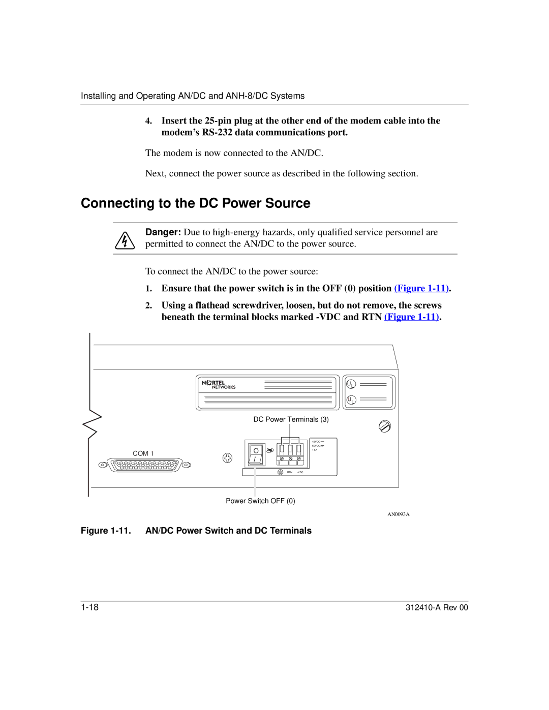 Nortel Networks manual Connecting to the DC Power Source, 11. AN/DC Power Switch and DC Terminals 