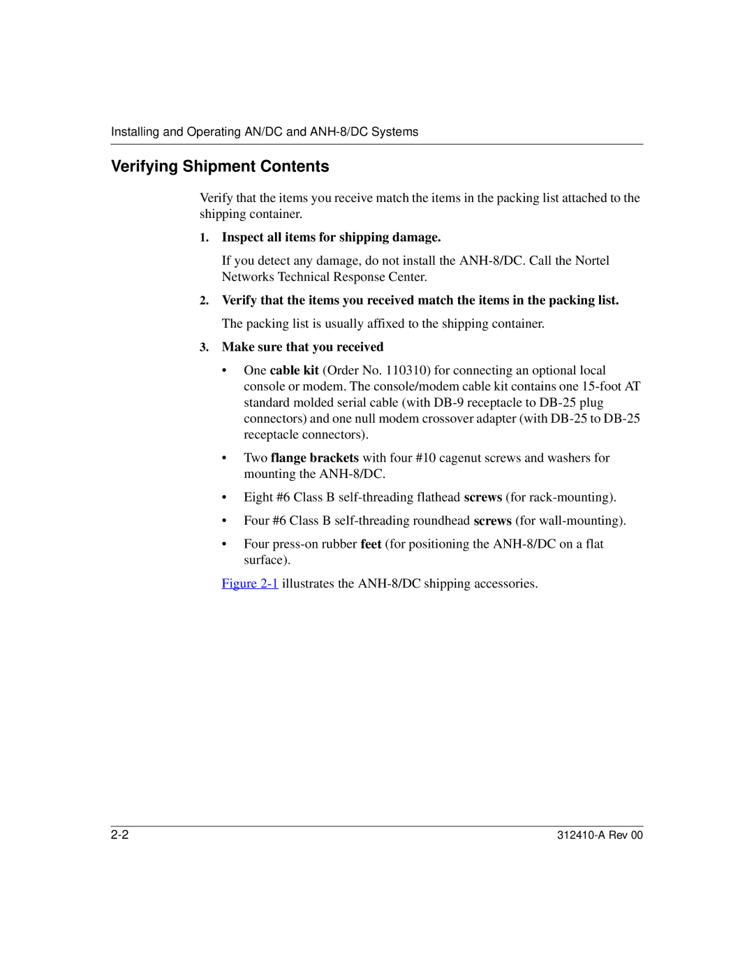 Nortel Networks AN/DC manual Inspect all items for shipping damage 