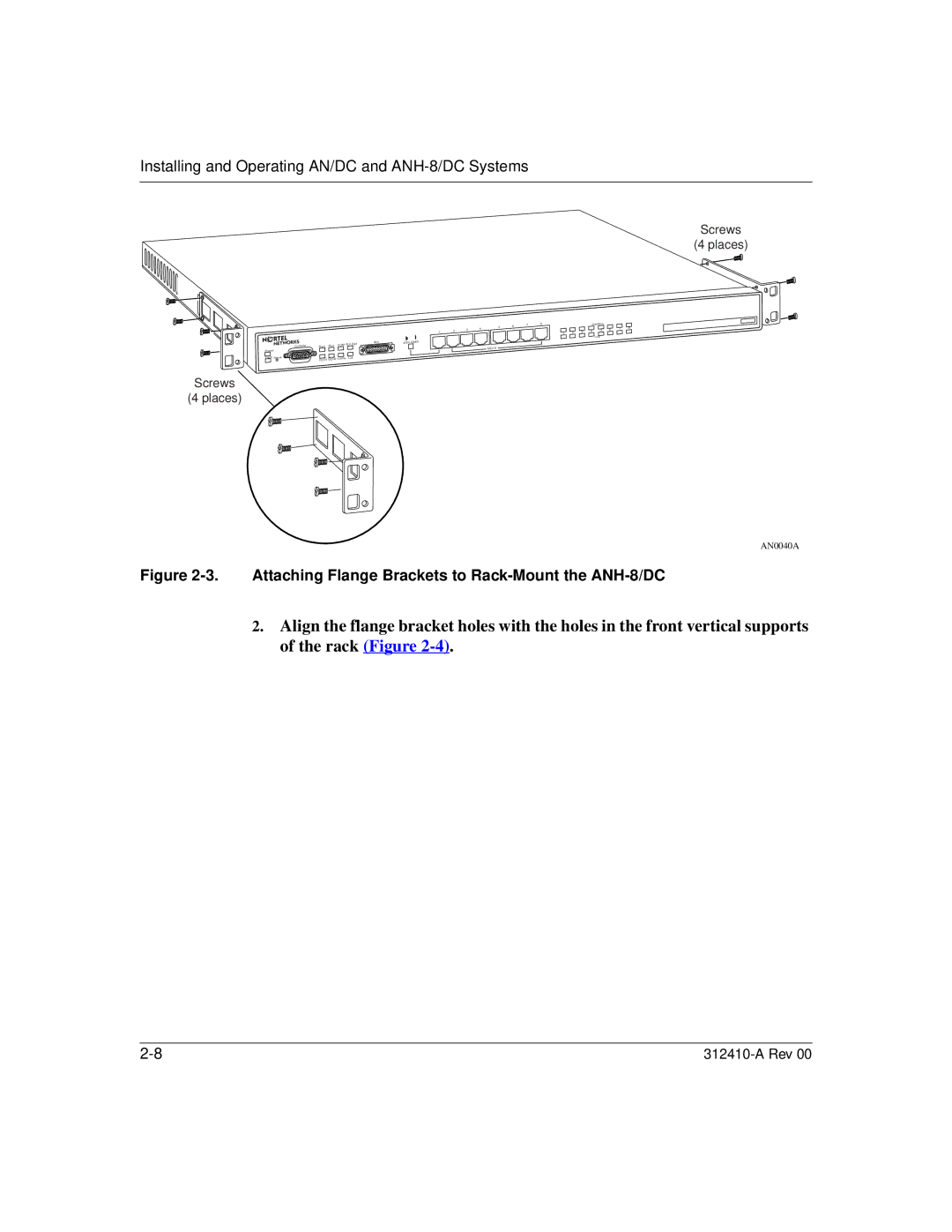 Nortel Networks AN/DC manual Attaching Flange Brackets to Rack-Mount the ANH-8/DC 