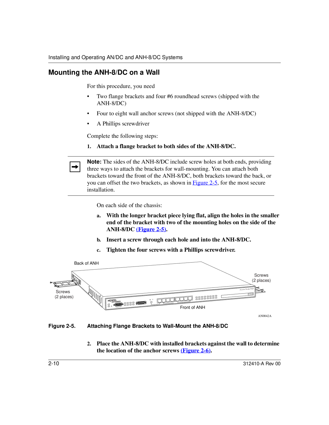 Nortel Networks AN/DC manual Mounting the ANH-8/DC on a Wall, Attaching Flange Brackets to Wall-Mount the ANH-8/DC 