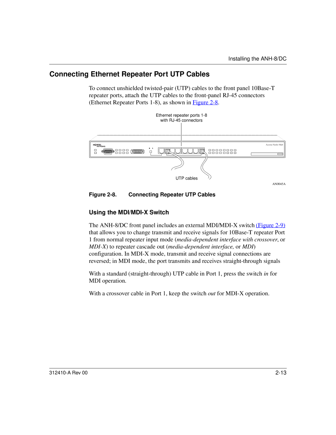 Nortel Networks AN/DC manual Connecting Ethernet Repeater Port UTP Cables, Using the MDI/MDI-X Switch 