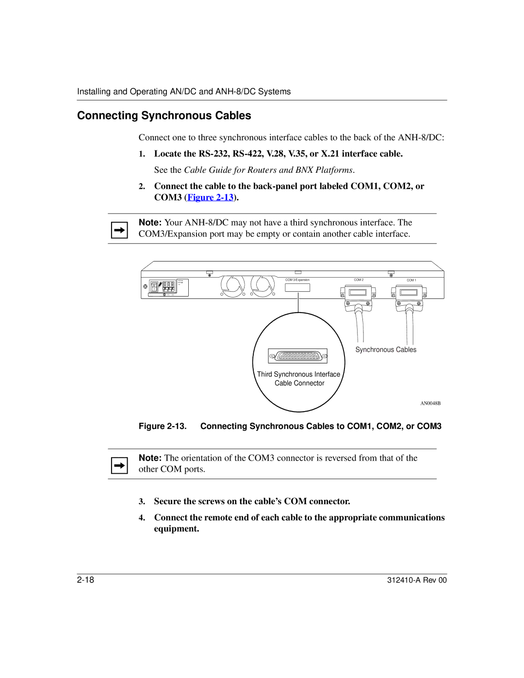 Nortel Networks AN/DC manual Connecting Synchronous Cables to COM1, COM2, or COM3 