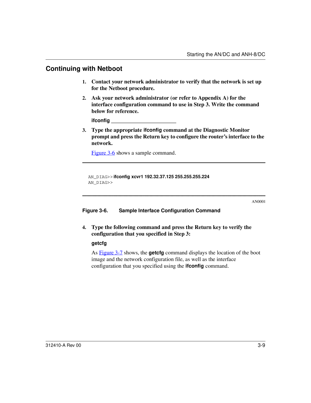 Nortel Networks AN/DC manual Continuing with Netboot, Ifconfig, Getcfg, Andiag ifconfig xcvr1 192.32.37.125 