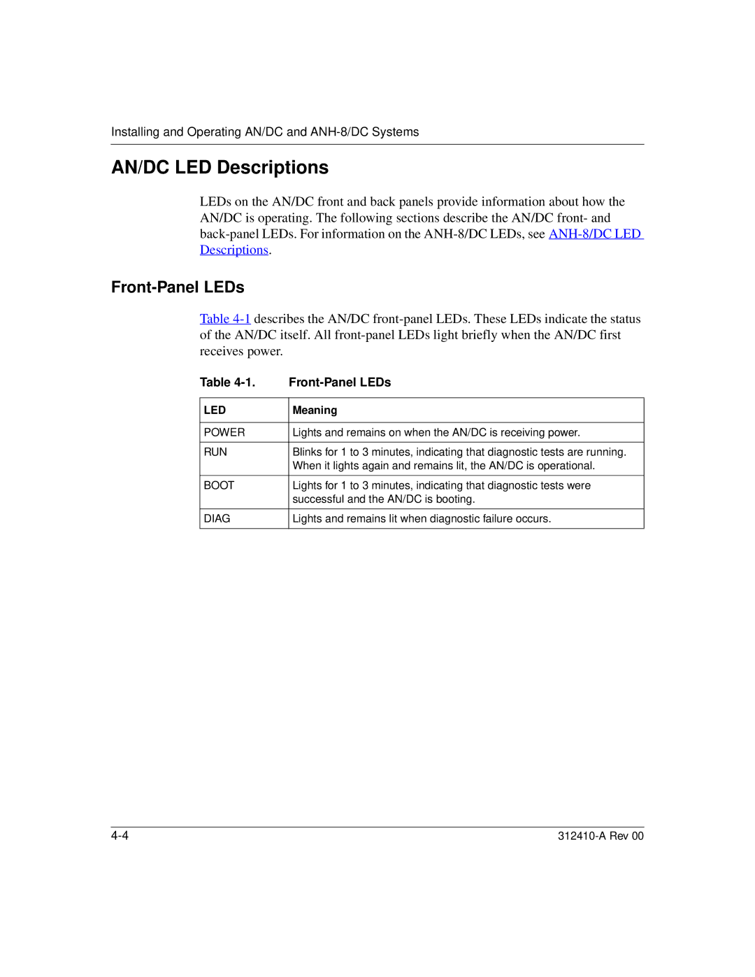 Nortel Networks manual AN/DC LED Descriptions, Front-Panel LEDs, Meaning 