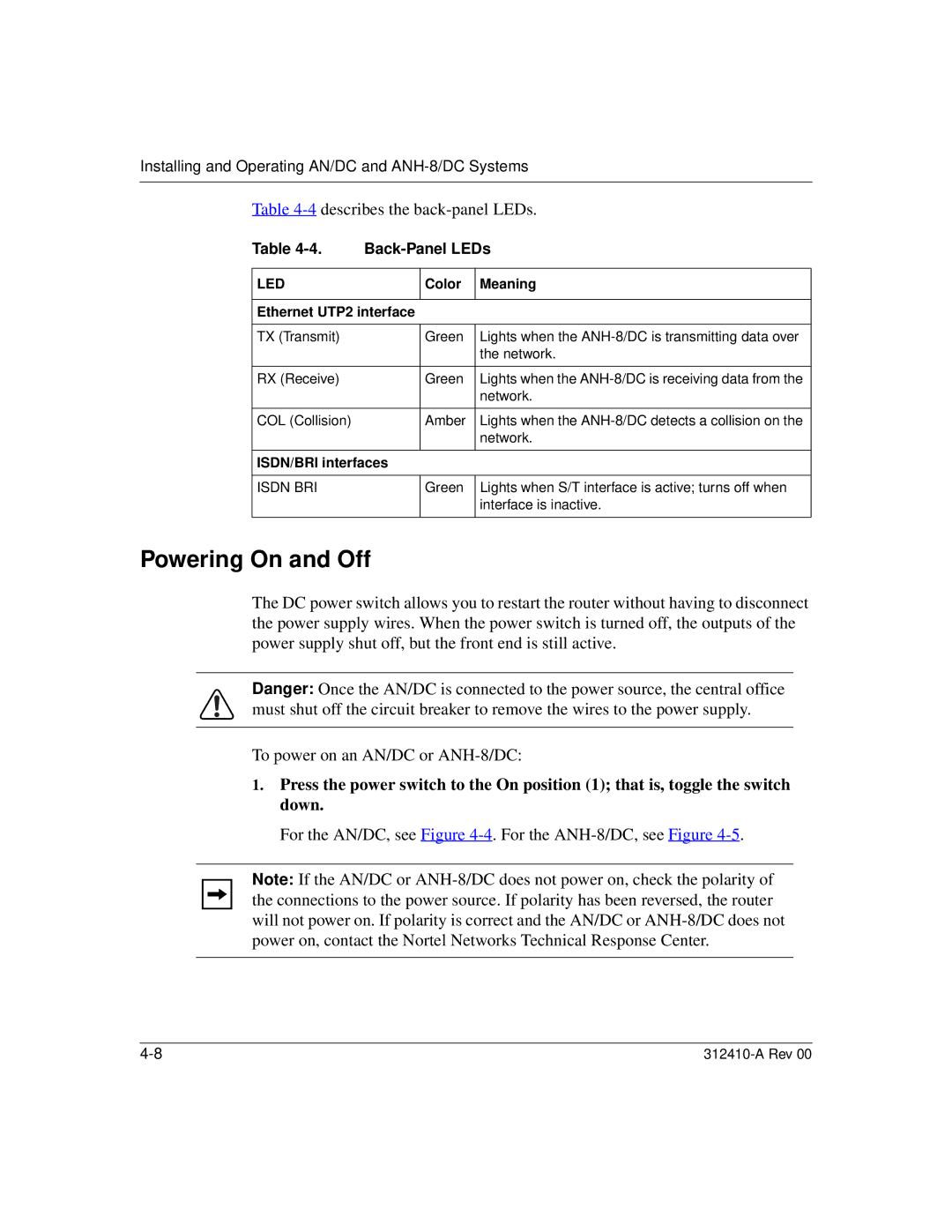 Nortel Networks AN/DC manual Powering On and Off, Color Meaning Ethernet UTP2 interface 