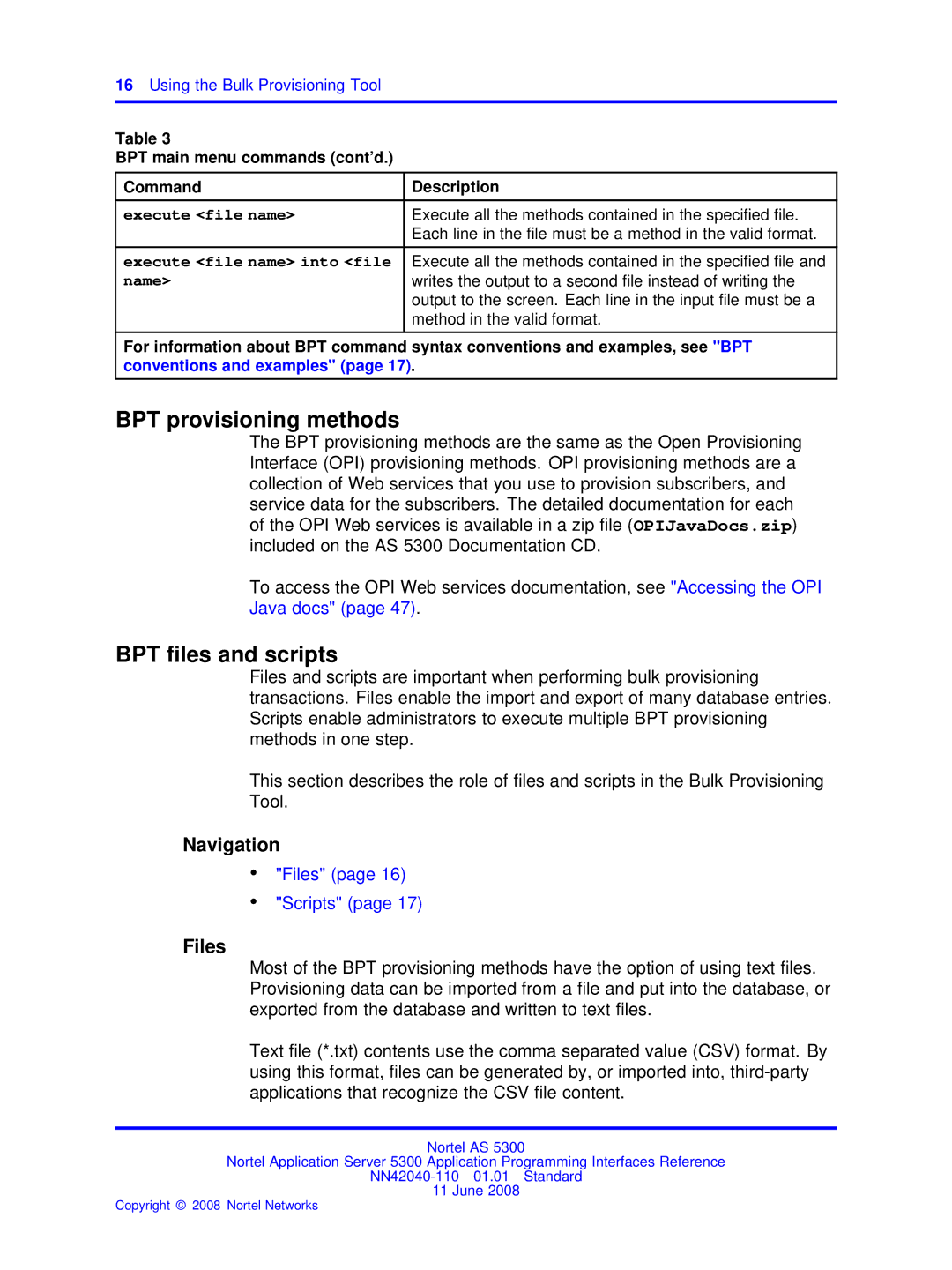 Nortel Networks AS 5300 manual BPT provisioning methods, BPT ﬁles and scripts, Navigation, Files 