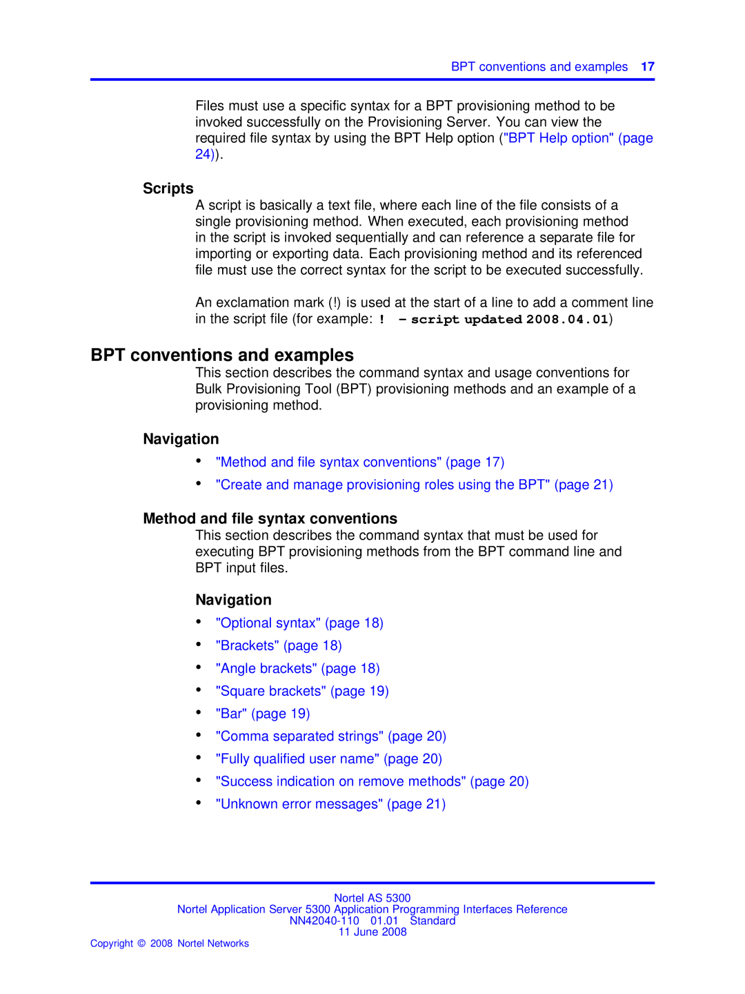 Nortel Networks AS 5300 manual BPT conventions and examples, Scripts, Method and ﬁle syntax conventions 