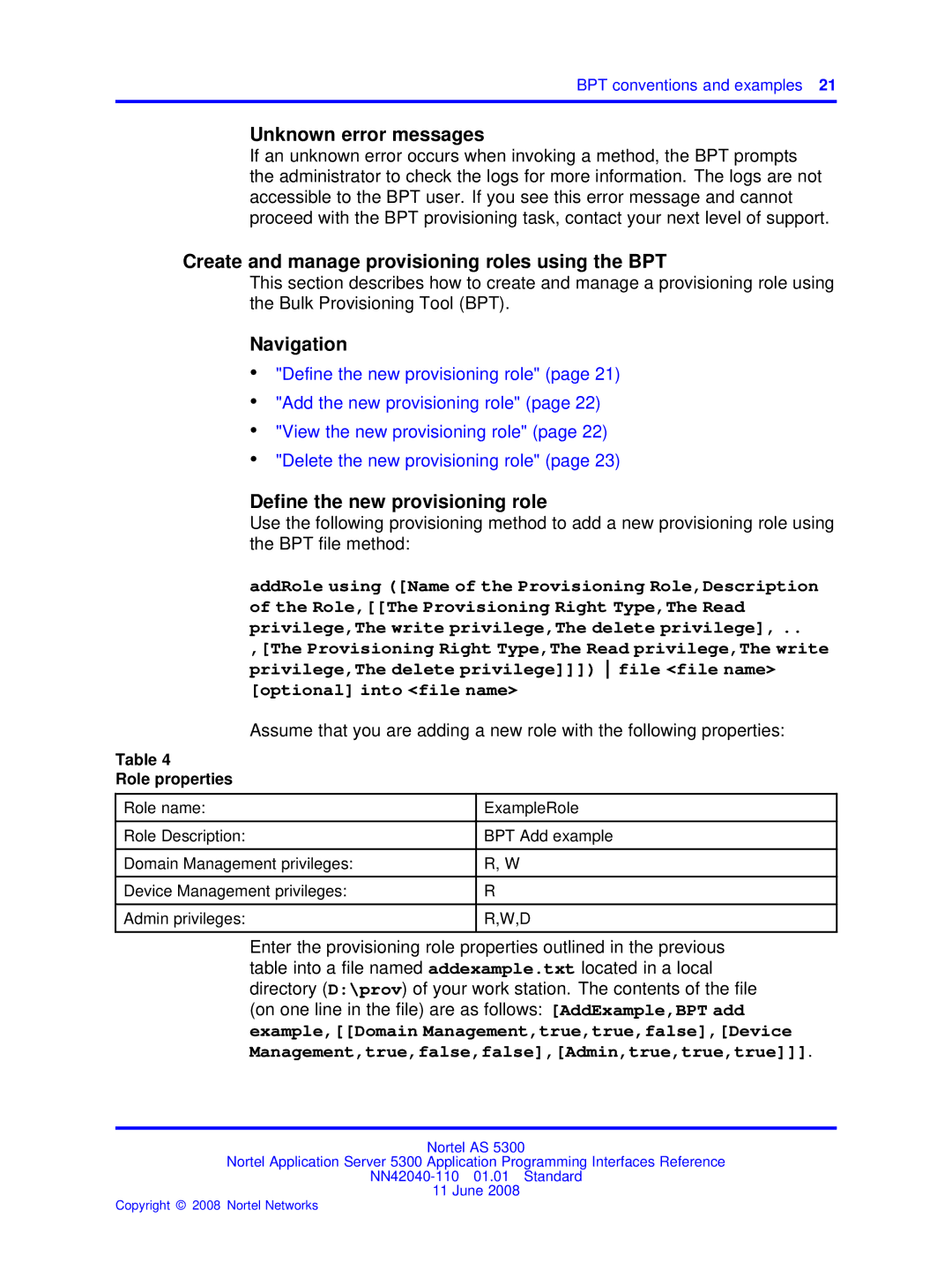 Nortel Networks AS 5300 manual Unknown error messages, Create and manage provisioning roles using the BPT 