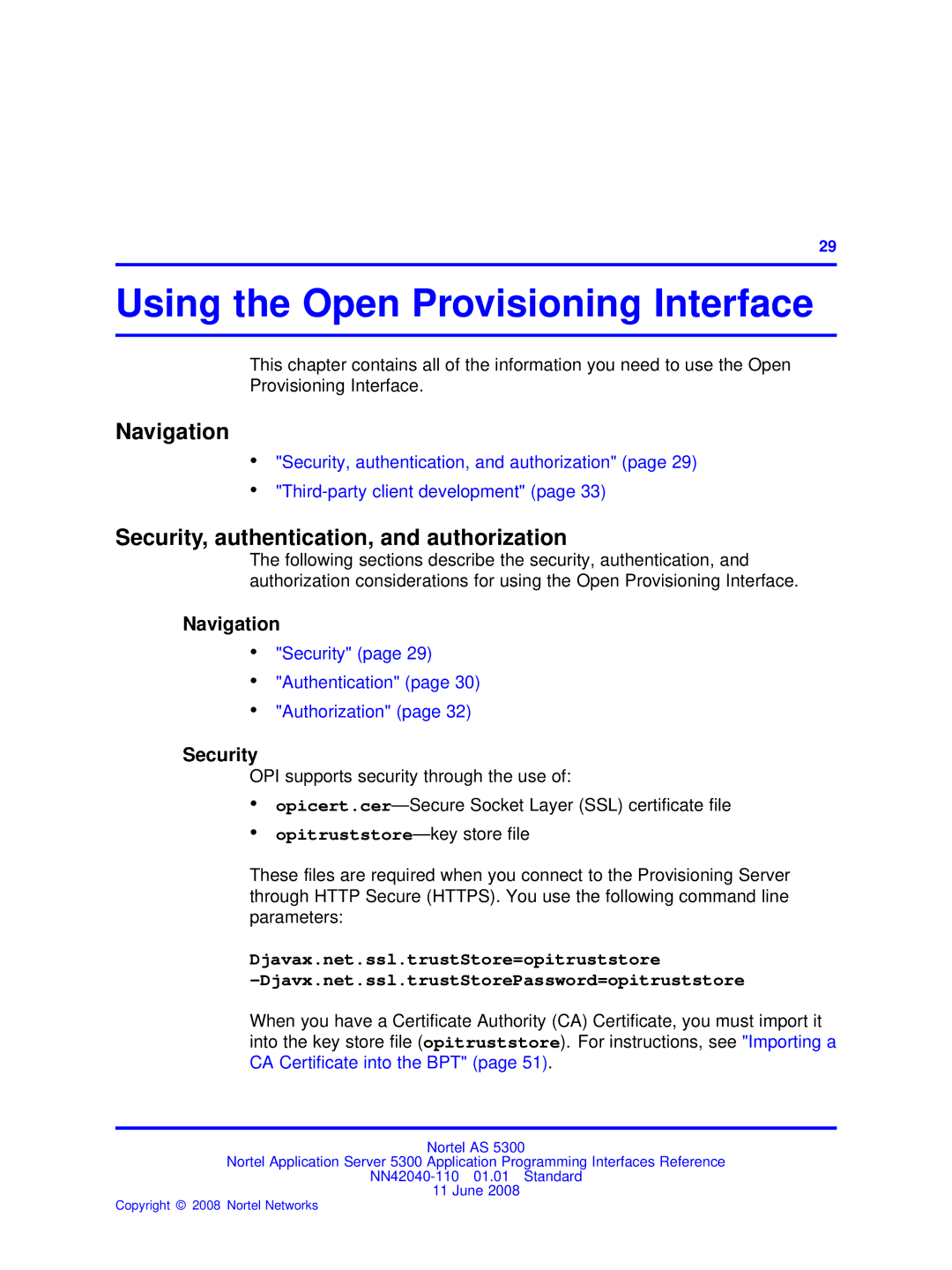 Nortel Networks AS 5300 manual Using the Open Provisioning Interface, Security, authentication, and authorization 