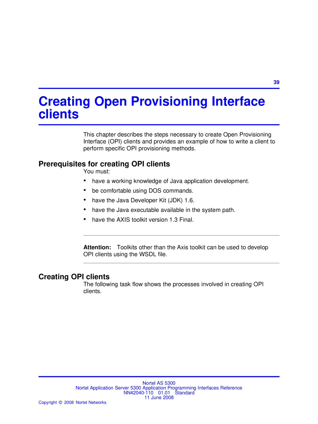 Nortel Networks AS 5300 manual Creating Open Provisioning Interface clients, Prerequisites for creating OPI clients 