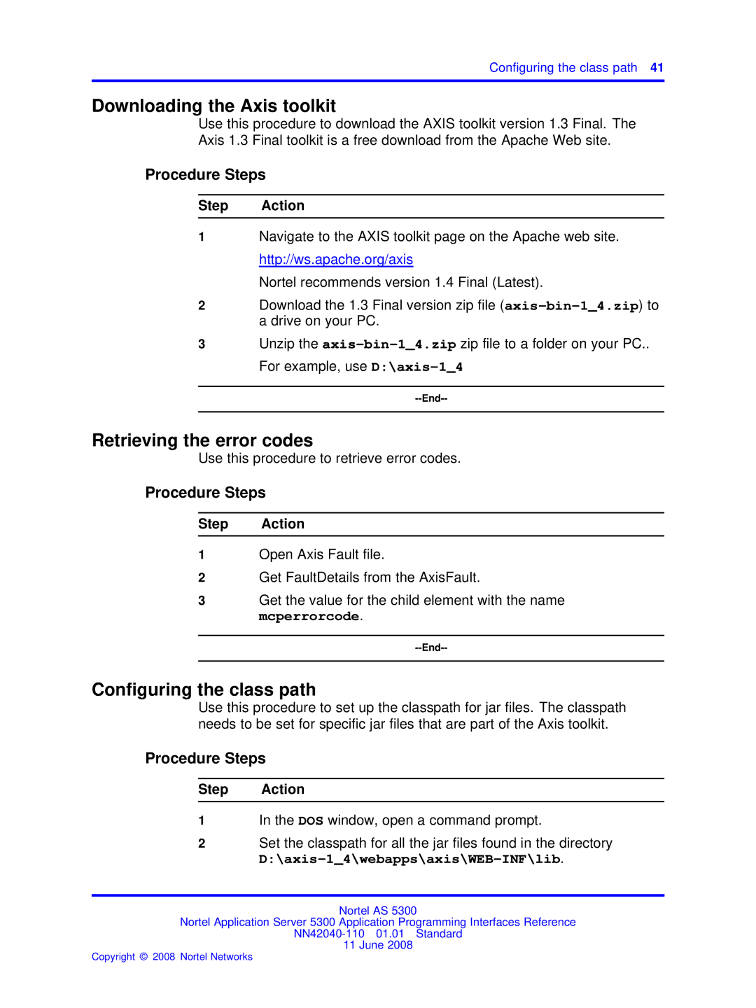 Nortel Networks AS 5300 manual Downloading the Axis toolkit, Retrieving the error codes, Conﬁguring the class path 