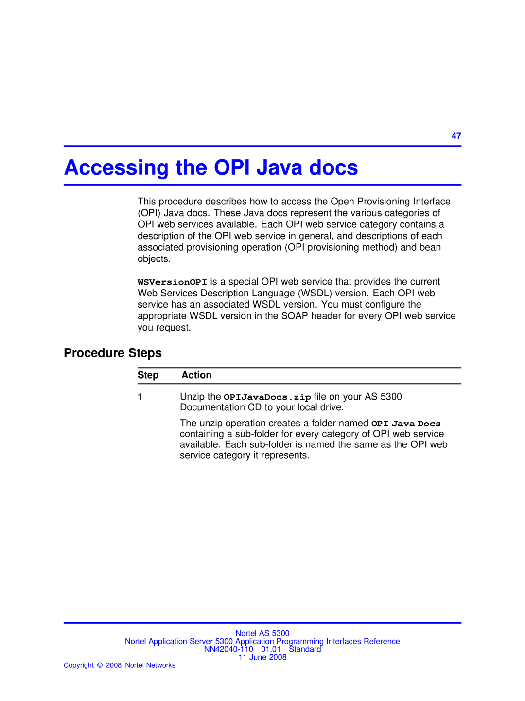 Nortel Networks AS 5300 manual Accessing the OPI Java docs, Procedure Steps 