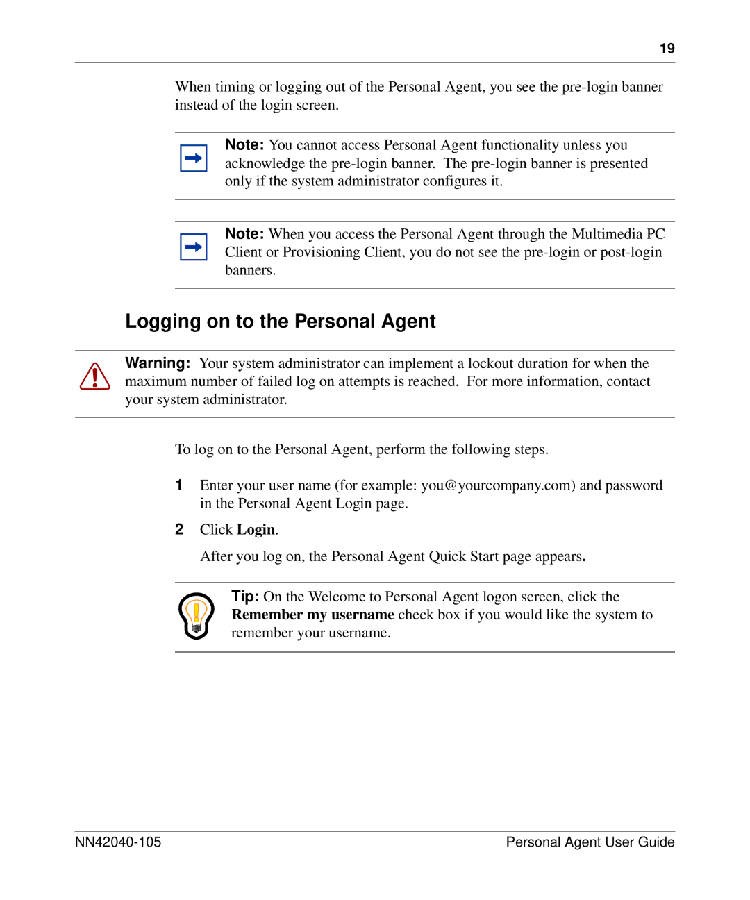 Nortel Networks AS 5300 manual Logging on to the Personal Agent 