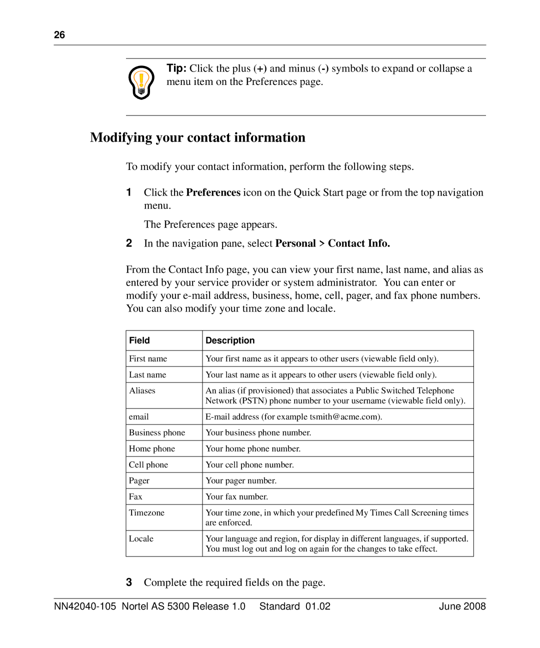 Nortel Networks AS 5300 manual Modifying your contact information, Field Description 