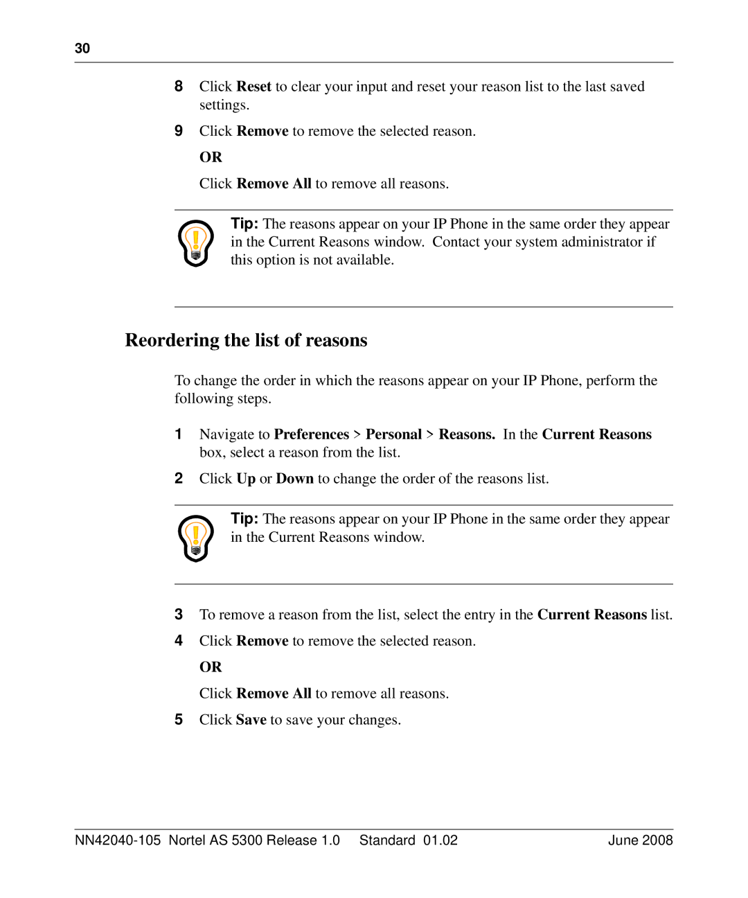 Nortel Networks AS 5300 manual Reordering the list of reasons 