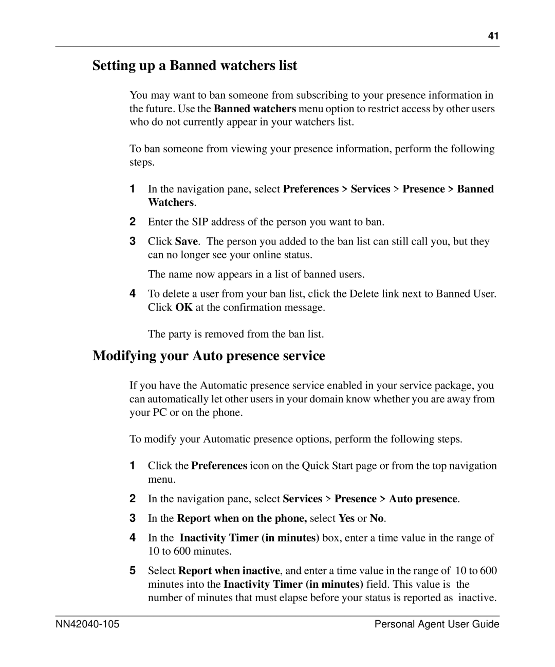 Nortel Networks AS 5300 manual Setting up a Banned watchers list, Modifying your Auto presence service 