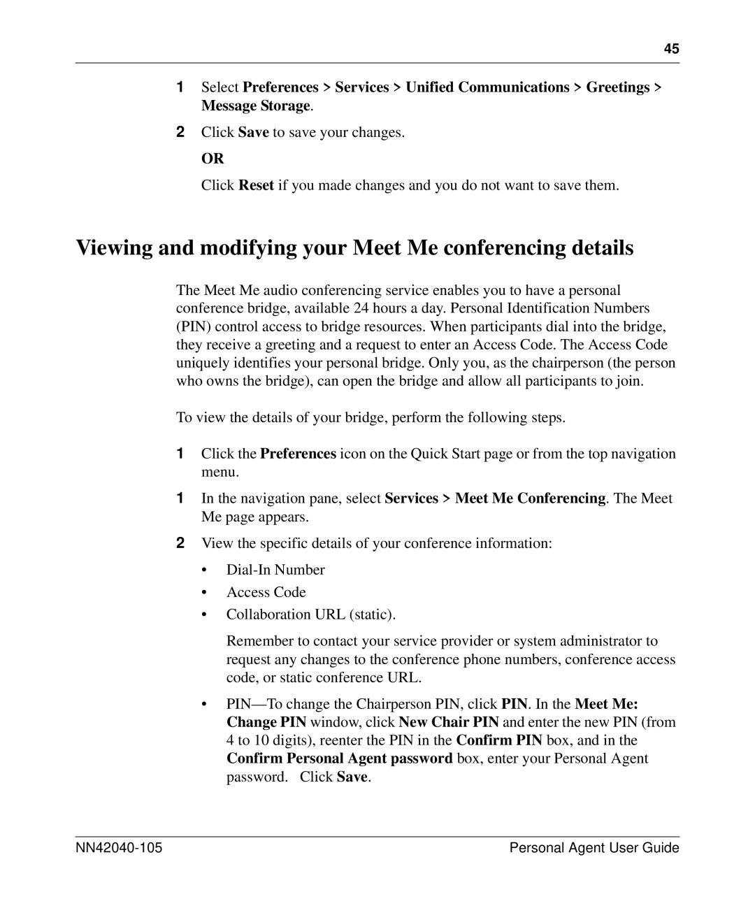 Nortel Networks AS 5300 manual Viewing and modifying your Meet Me conferencing details 