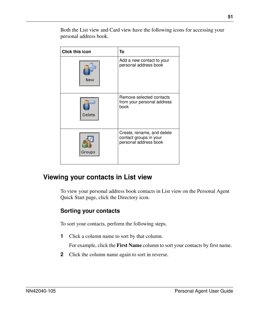 Nortel Networks AS 5300 manual Viewing your contacts in List view, Sorting your contacts 