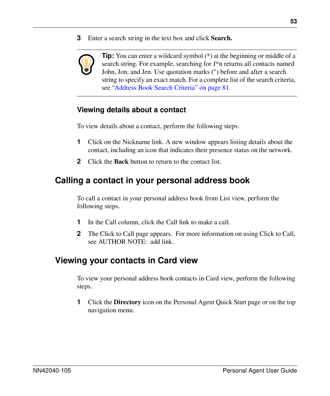 Nortel Networks AS 5300 manual Calling a contact in your personal address book, Viewing your contacts in Card view 