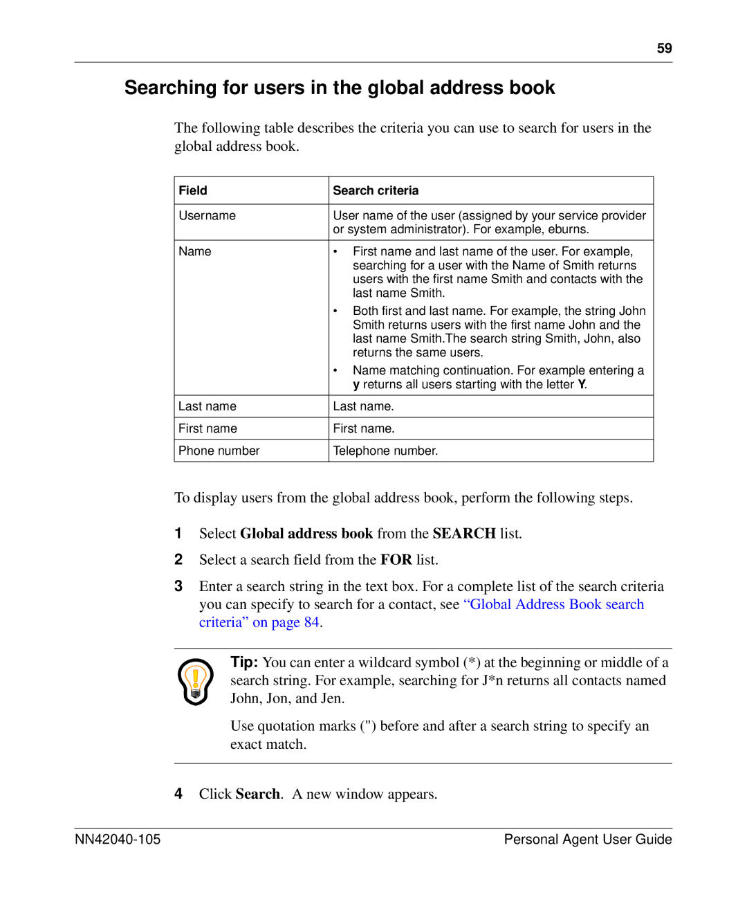 Nortel Networks AS 5300 manual Searching for users in the global address book, Field Search criteria 