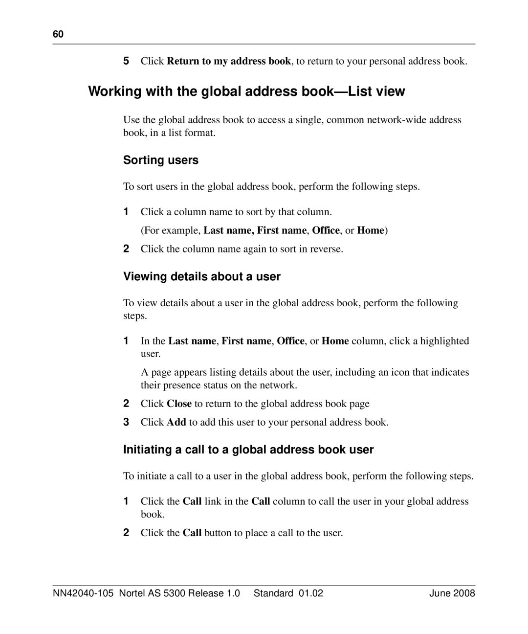 Nortel Networks AS 5300 manual Working with the global address book-List view, Sorting users, Viewing details about a user 